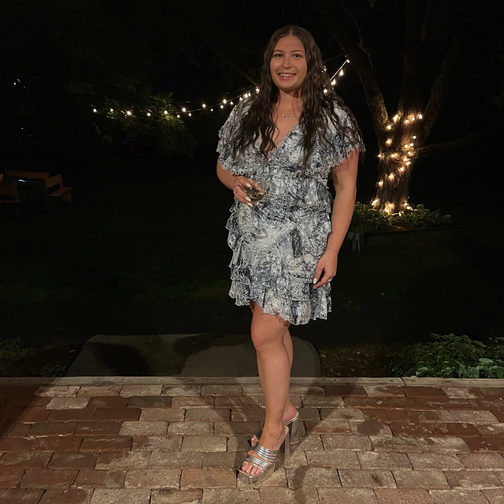 Grey blue mini wedding guest dress